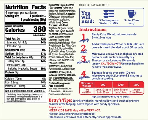 Betty Crocker Mug Treats Triple Chocolate Cake Mix with Fudge Frosting, 4 Servings, 12.5 oz