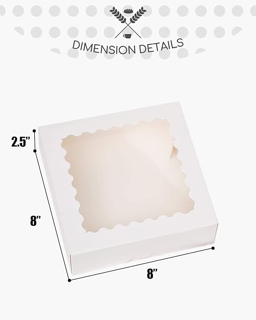 qiqee Auto-pop up 50 Packs Bakery Box With Window 8x8x2.5 inch White Pie Boxes Pastry Box