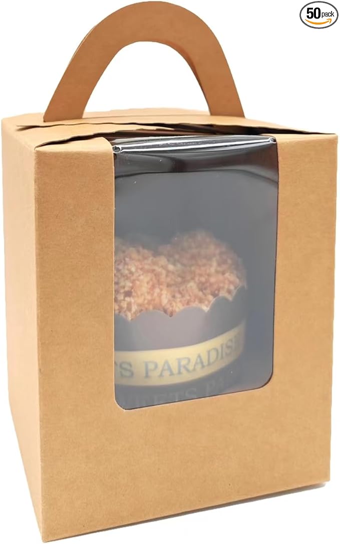 50-Set Individual Cupcake Boxes Bulk with Clear Display Window, Disposable Food Grade Kraft Cupcake Carrier Cupcake Container, Perfect for Cupcakes Muffins Cookies Pastries
