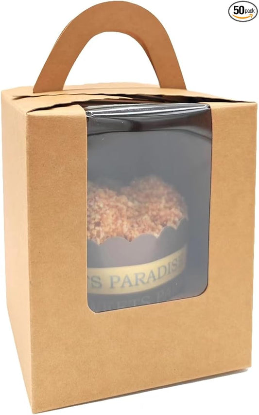 50-Set Individual Cupcake Boxes Bulk with Clear Display Window, Disposable Food Grade Kraft Cupcake Carrier Cupcake Container, Perfect for Cupcakes Muffins Cookies Pastries
