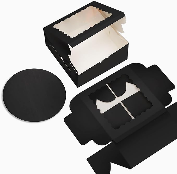 Bakepacker 36pcs 8x8x5 Inches Cake Boxes with Window 18-Packs Black Cake Boxes 8 Inch Bakery Boxes (18 Cake Boxes +18 Cake Boards Included)