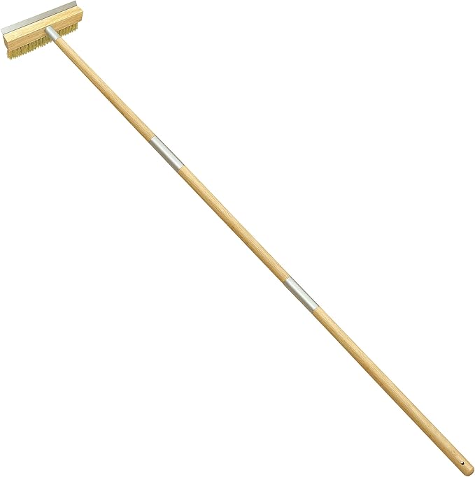 Pizza Oven Brush with Scraper,60-Inch Adjustable-Length Long Wood Handle Brass Bristles,Outdoor Pizza Oven Brush