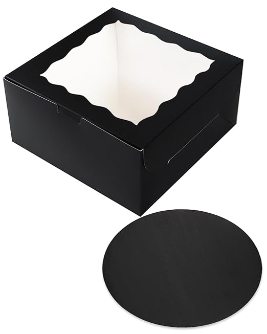 qiqee 10x10x5 Cake Box, 4 Sets Black Cake Box with Window ＆ 4 Sets 10" Black Cake Round Boards, 10inch Cake Containers