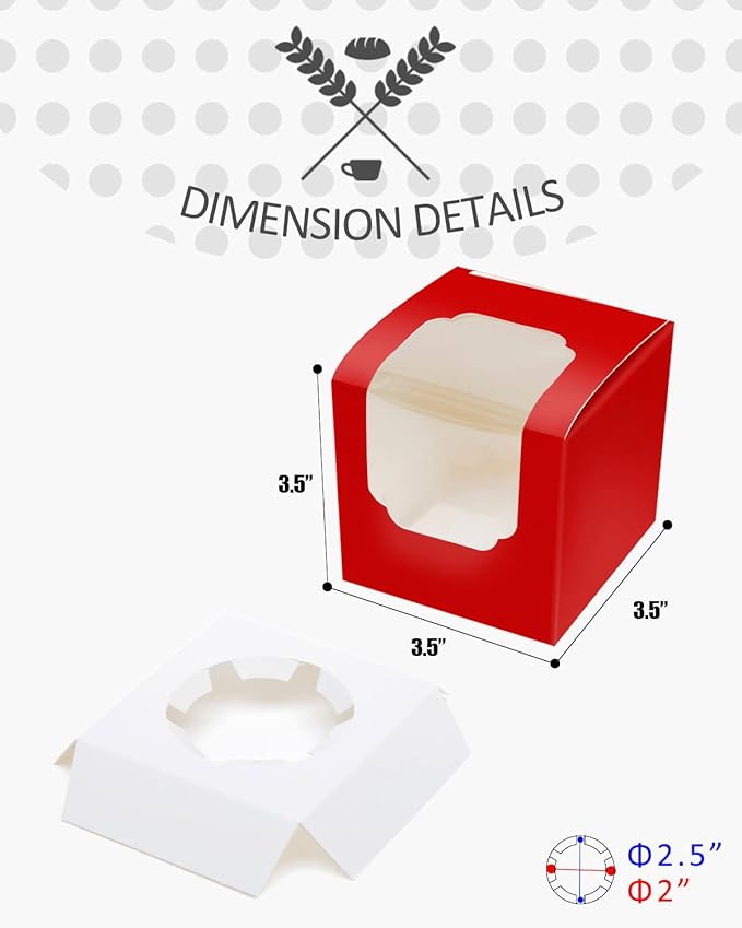 qiqee Red Cupcake Boxes Individual Cupcake Container 60pcs 3.5" x 3.5" x 3.5" Auto-Popup Single Cupcake Boxes (60 Boxes+60 Inserts)