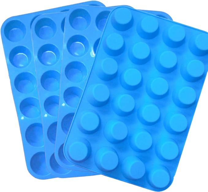 Qtopun Silicone Mini Muffin Pan, 4 Pack 24 Cups Silicone Mold Cups Baking Pan, Silicone Muffin Tins Baking Moulds-Blue