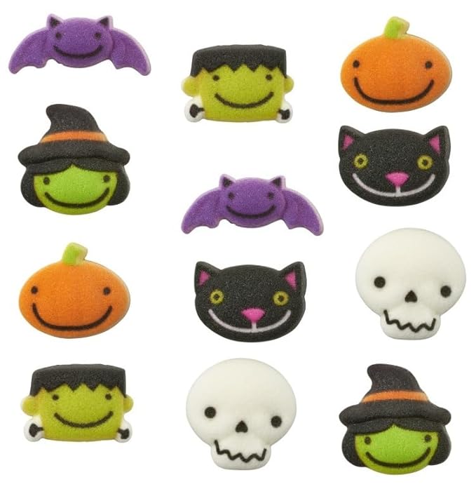 Skull, Pumpkin, Bat, Witch, Cat, and Monster Edible Sugar Cake Toppers, 12 Count