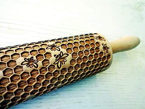 HONEYCOMB EMBOSSING ROLLING PIN LASER ENGRAVED ROLLING PIN with BEES PATTERN FOR HOMEMADE COOKIES