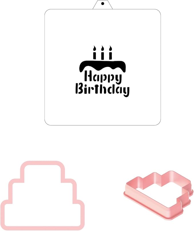 Cookie Cutter and Stencil Set Bundle Kit PYO Cookies Paint Your Own Diy Bakery Fondant Sugar Happy Birthday Wedding Baby Candle Kids Painting Coloring Pages Comb (Birthday Cake)