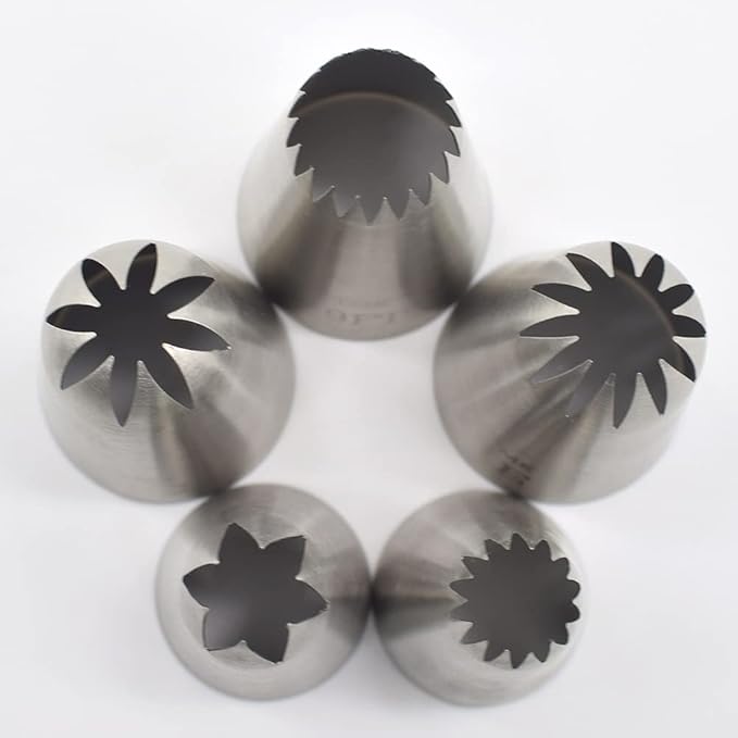 5 Pack Stainless Steel Seamless Piping Icing Tips #9FT 1C 1E 1M 4B, Large Star Piping Nozzle, Cake Decorating Tools for Baker