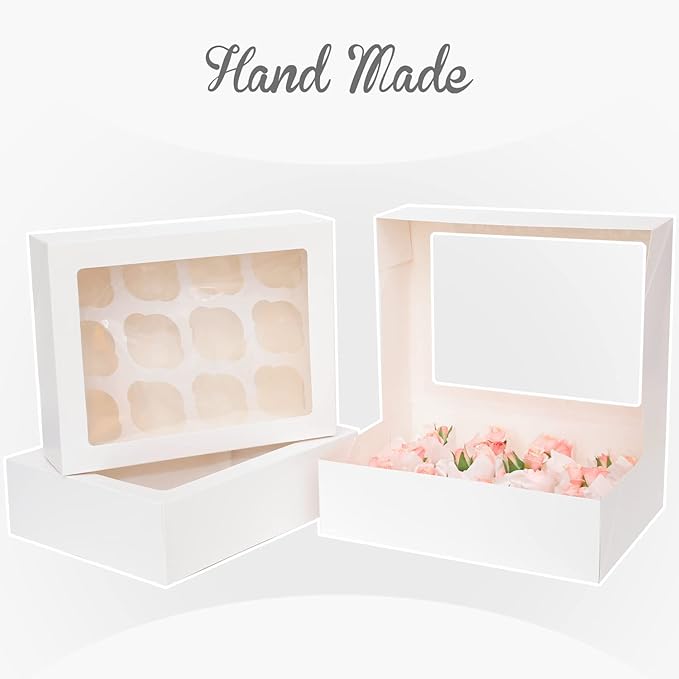 Bakepacker 12 Cupcake Containers 20-Packs White Cupcake Box Cupcakes Carrier, 12 Cupcake Boxes with Window 13"x10"x3.5"（Auto-pop up）