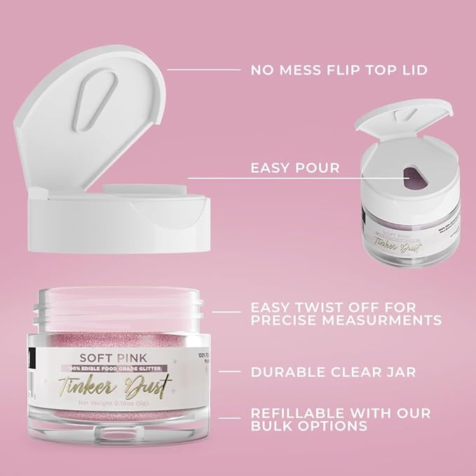 Bakell - Soft Pink Tinker Dust (5g, 1x Jar) Edible Glitter for Food, Desserts, and Beverages!