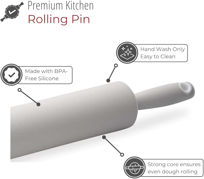 husMait Silicone Rolling Pin - Premium Kitchen Baking Pin for Rolling and Baking - Great for Making Dough, Bread and Pizza