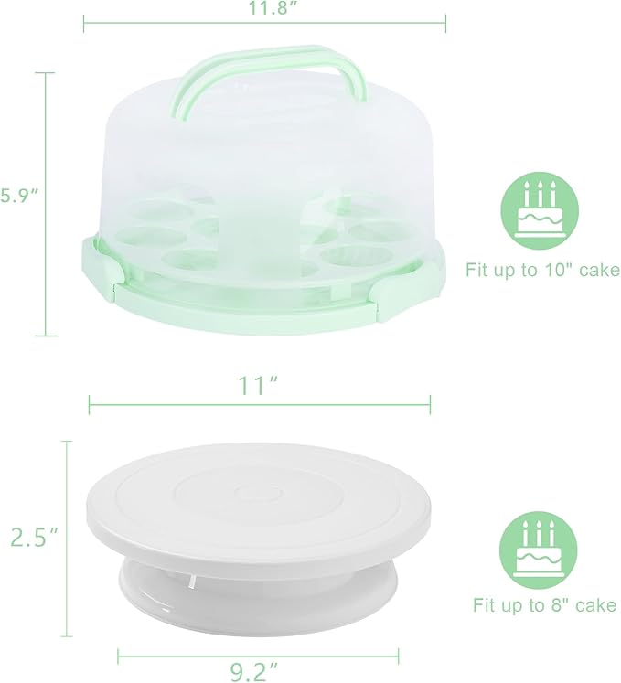 Cake Carrier, Carrier Cupcake Holder with Cake Turntable, Cake Carrier with Lid and Handle(Green)