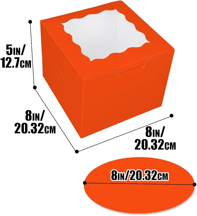 Bakepacker 36pcs 8x8x5 Inches Cake Boxes with Window 18-Packs Orange Cake Boxes 8 Inch Bakery Boxes (18 Cake Boxes +18 Cake Boards Included)