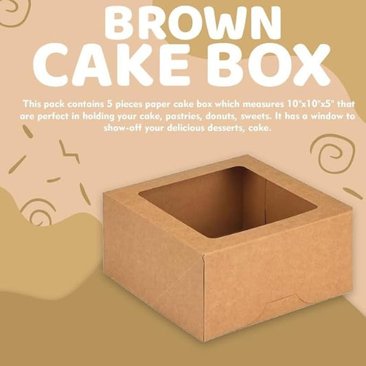 JBR & JM 5-Pack Brown Cake Boxes with Window - 10x10x5 Inches, Disposable Bakery Box for Cakes, Pastries, Desserts, Cookies - Square Cake Containers for Birthday Parties and Weddings
