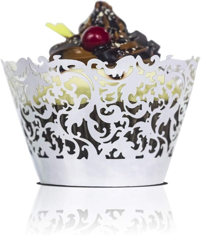 YOZATIA 60 Silver Vine Lace Cupcake Wrapper, Laser Cut Cupcake Liners for Weddings Birthdays Tea Parties and any Special Event- Silver