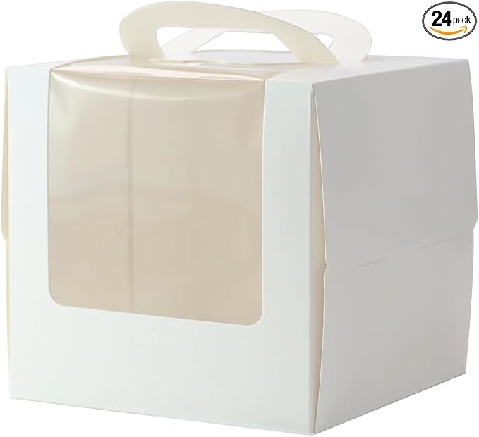 24pcs White 6 inch Cake Boxes with Cake Boards,6x6x6 In cake box with handle bento,cupcake,pastries for Christmas,Birthday Party, Wedding（with stickers