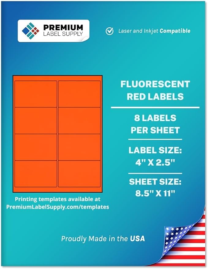 Premium Label Supply Bright Neon Color Fluorescent Sticker Labels - 4" x 2.5" Address Labels - (Fluorescent Red, 200 Labels)