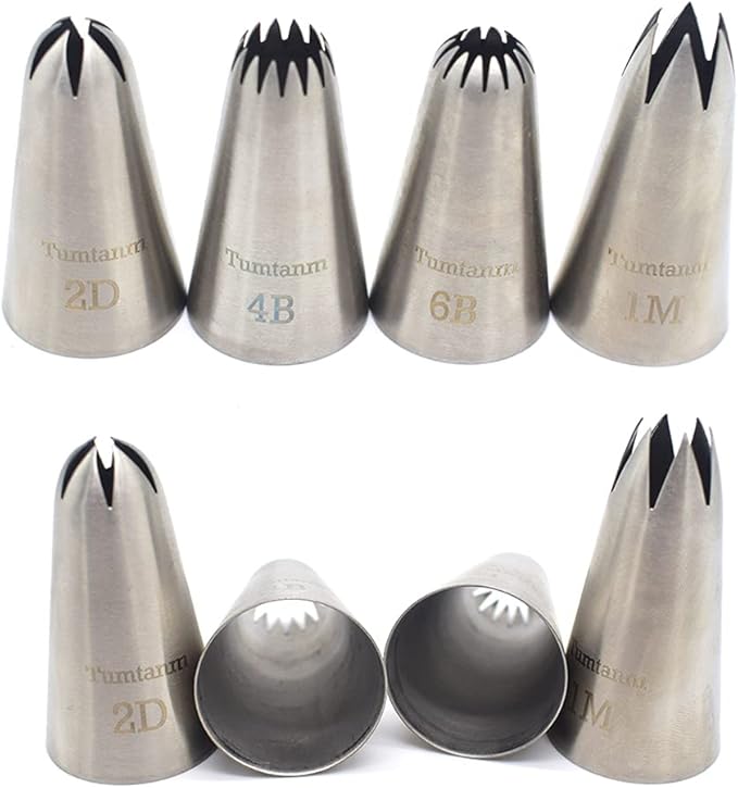 #1M #2D #4B #6B Large Piping Nozzles, 4 pcs Stainless Steel Seamless Icing Piping Tips Set for Cupcakes and Baking