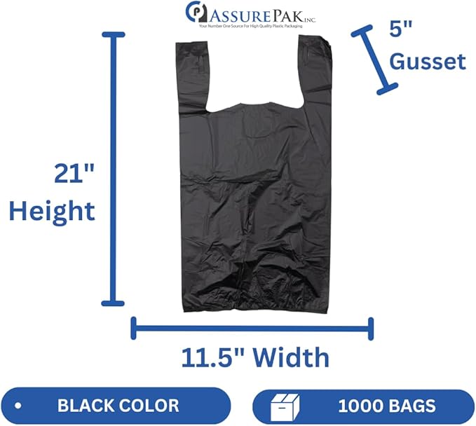 ASSUREPAK Easy Open - 1000 Bags - Black Unprinted HDPE T-Shirt Bags - 1/6 BBL 11.5"X6"X21" - 13 microns - Black - LOOP-BLACK-EO