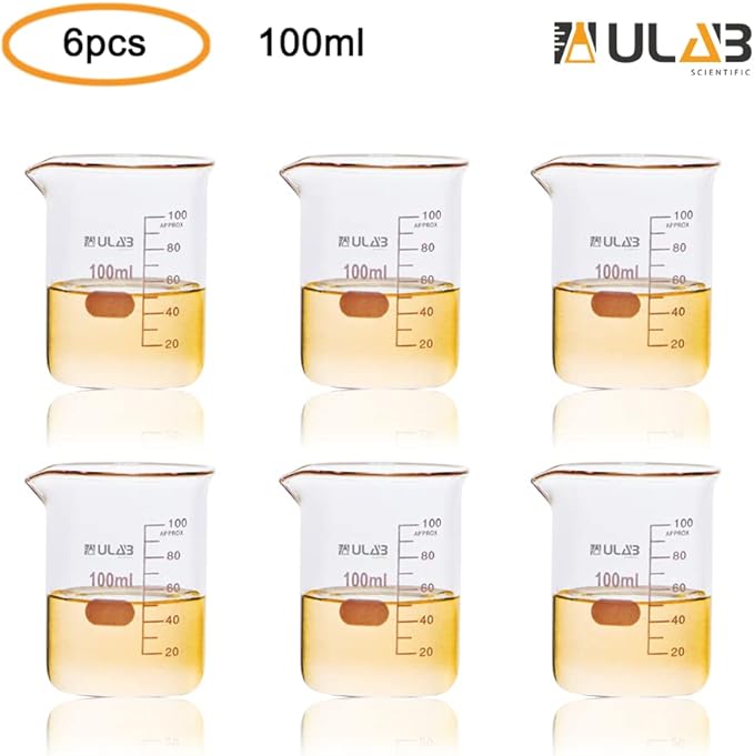 ULAB Scientific Glass Beaker Set, Vol.100ml, Shot Glass, 3.3 Borosilicate Griffin Low Form with Printed Graduation, Pack of 6, UBG1014