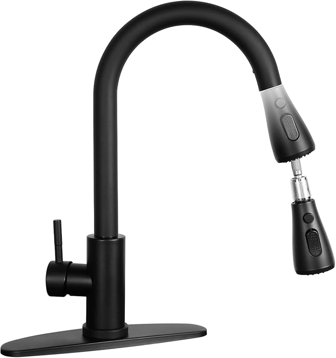 Matte Black Kitchen Sink Faucet with Pull Down Spray RV Stainless Steel Kitchen Faucet Pull Out Extension Utility Farmhouse Faucets for Sink 1 Hole Rent Apartment Dorm Single Handle