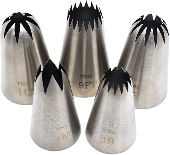 5 Pack Stainless Steel Seamless Piping Icing Tips #9FT 1C 1E 1M 4B, Large Star Piping Nozzle, Cake Decorating Tools for Baker