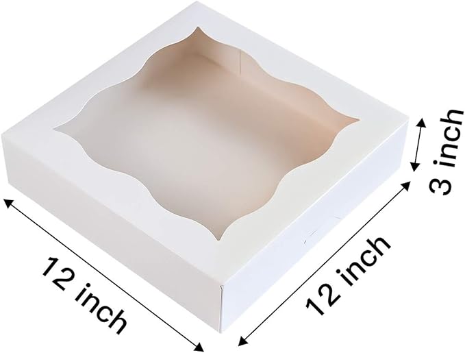 CHERRY 15-Pack 12"x12"x3"White Bakery Boxes with PVC Window for Pie and Cookies Boxes Large Natural Paper Box,Pack of 15