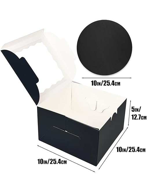 qiqee 10x10x5 Cake Box, 4 Sets Black Cake Box with Window ＆ 4 Sets 10" Black Cake Round Boards, 10inch Cake Containers