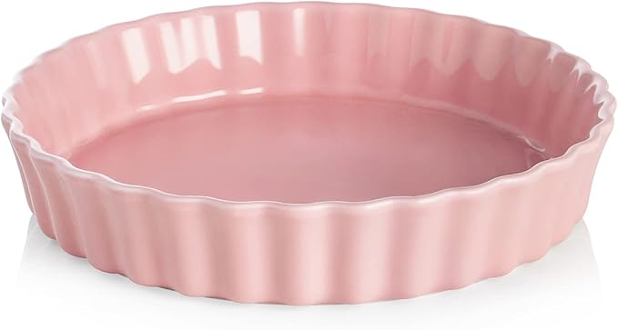 Sweejar Ceramic Pie Pan for Baking, 9.5 Inches Round Wavelet Fringe Pie Dish, Non-Stick Pie Plate for Pumpkin Pie, Apple Pie, Pie Pots (Pink)