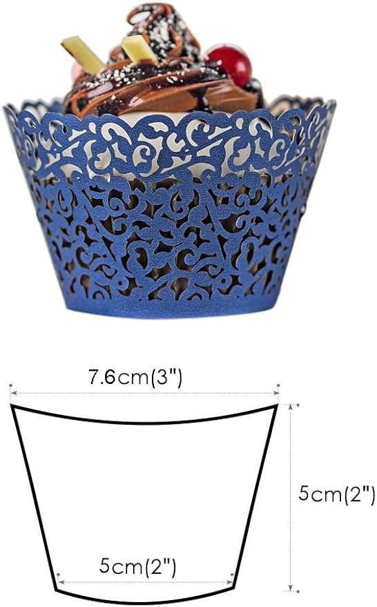 100pcs Cupcake Wrappers Artistic Bake Cake Paper Cups Little Vine Lace Laser Cut Liner Baking Cup Muffin Case Trays for Wedding Party Birthday Decoration (Navy Blue)