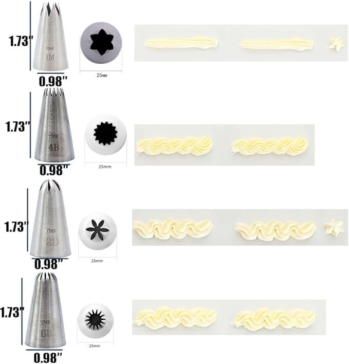 4 Pack Stainless Steel Seamless Piping Icing Tips 1M 2D 4B 6B, Large Piping Nozzle, Cake Decorating Tools for Cupcake Baker