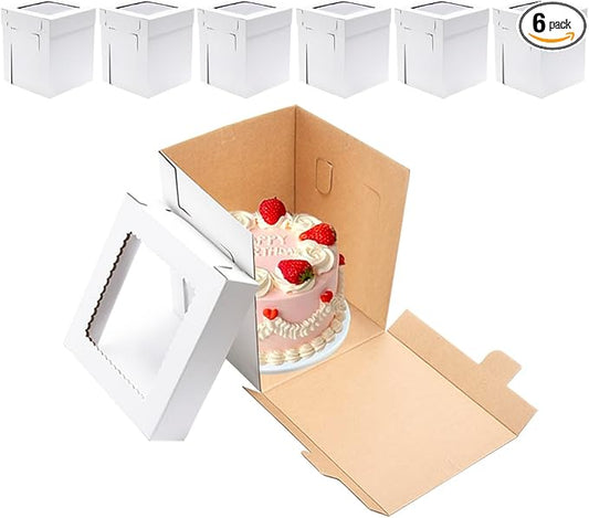 JJO Tall Cake Boxes for Tier Cakes,6 Pack 8x8x10 Inch,White Cake Boxes,Sturdy Tall Cake Carrier, Disposable Cake Containers