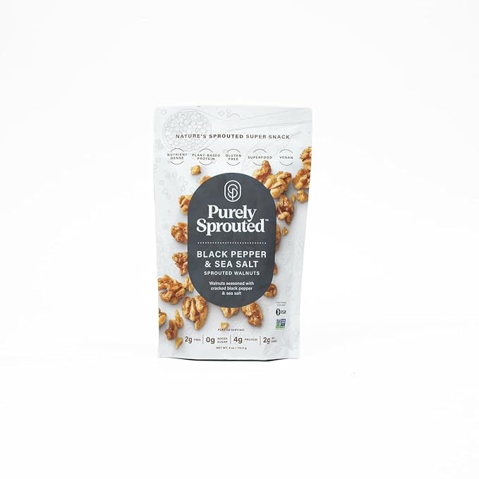 Purely Sprouted Black Pepper & Sea Salt Sprouted Walnuts, Non-GMO Superfood for Healthy, Certified USDA Organic, Gluten-Free Snacking (4 oz, 6 pack)