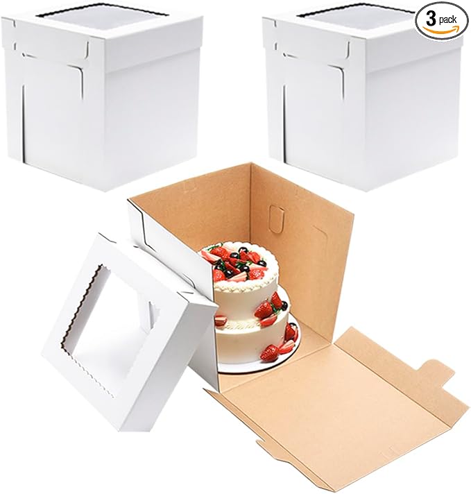 JJO Tall Cake Boxes for Tier Cakes, 3 Pack 12x12x12 Inch,White Cake Boxes with Window,Sturdy Tall Cake Carrier, Disposable Cake Containers