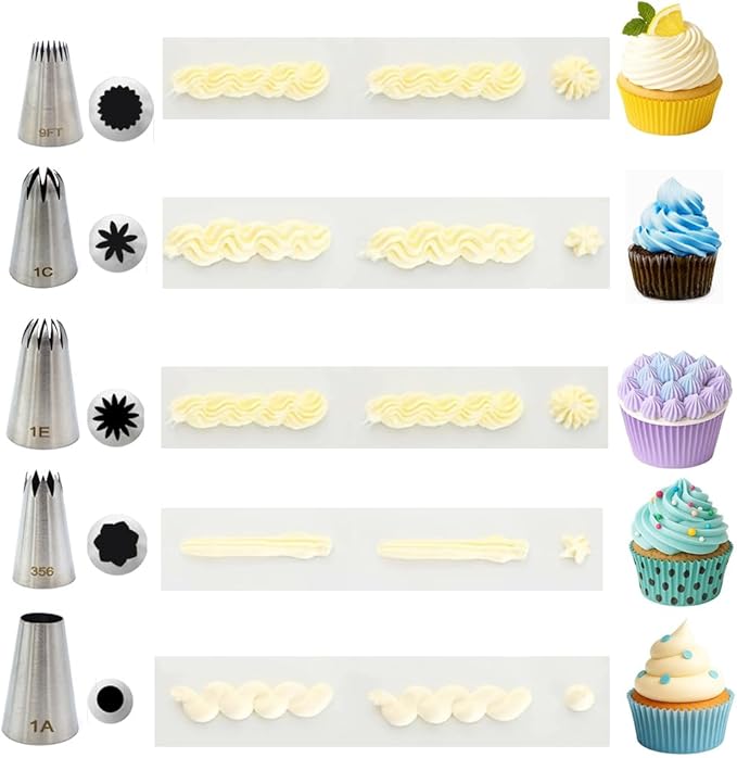 5 Pack Stainless Steel Seamless Piping Icing Tips 1C 1E 1A 356 9FT, Large Piping Nozzle, Cake Decorating Tools for Cupcake Baker
