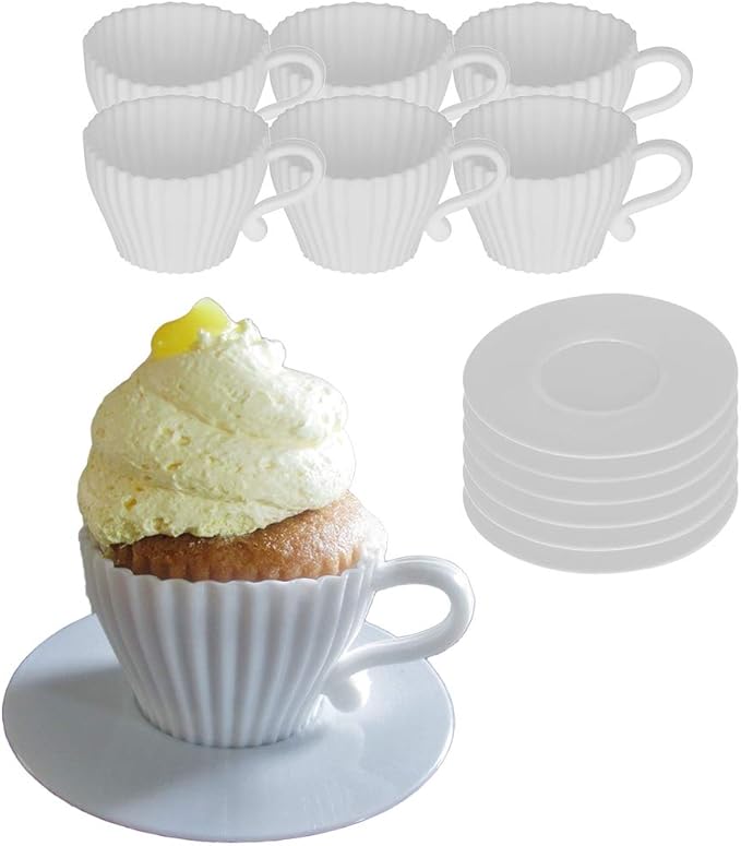 Evelots Baking Cupcake Molds - Silicone Teacup Set - 12 Pc Set - Oven-Safe - Nonstick - Muffin Cups for Bridal/Baby Shower, Birthday/Tea Party - 6 Cups & 6 Saucers - BPA Free