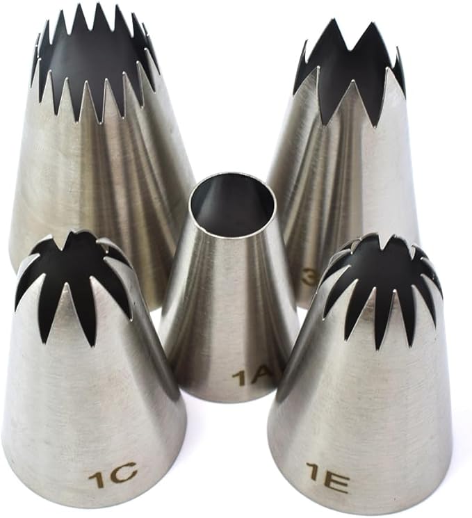 Large Piping Tips, 1C 1E 1A 356 9FT 5Pcs Stainless Steel Seamless Icing Piping Tips Set for Cupcakes Cake Decoration and Baking
