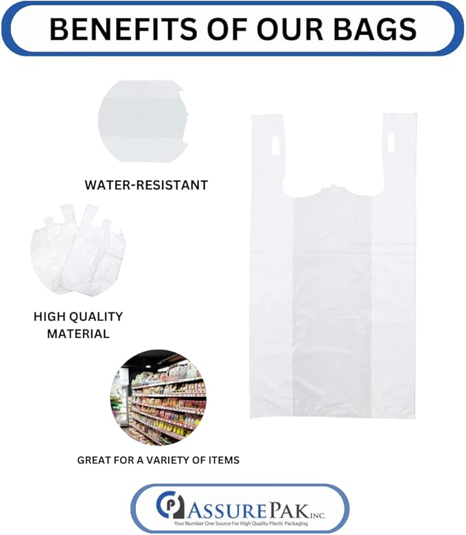 ASSUREPAK White Unprinted HDPE T-Shirt Bags - 1000 Units - 1/6 BBL 11.5"X6"X21" -13 microns - White - Perfect for Groceries, Shopping, Boutique Bags and Retail Stores - LOOP-WHITE-EO
