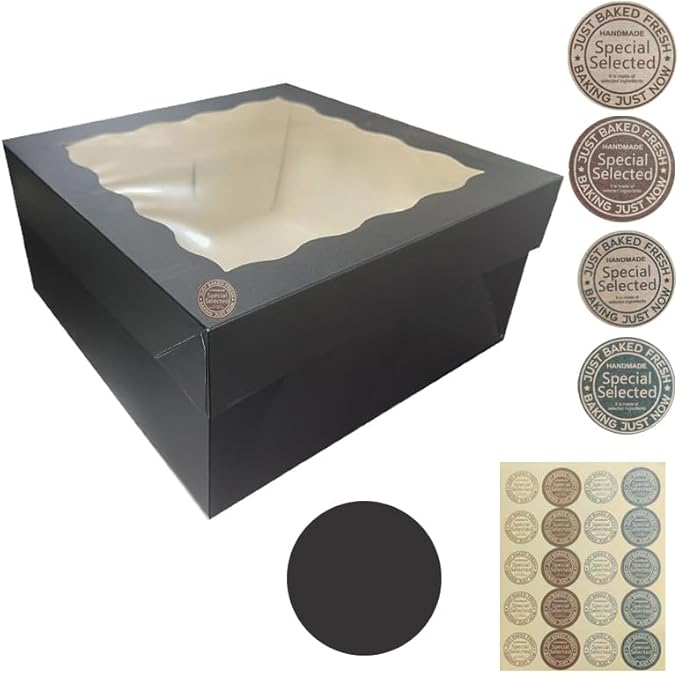 Generic 18Pcs (12.2x12.2x5.9 in) Cake Boxes+18 Cakeboard+1 stickers with Display Window for Gift Giving, Bakesale, Cupcakes, Dessert, Cookies, Pie, Macaroons, Donuts, Pastry, (Black), 12CDGH