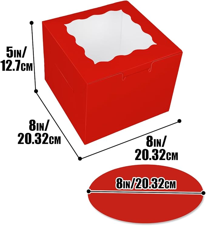 Bakepacker Red 8x8x5 Inches 36pcs Cake Boxes with Window 18-Packs Red Cake Boxes 8 Inch Bakery Boxes (18 Cake Boxes +18 Cake Boards Included)