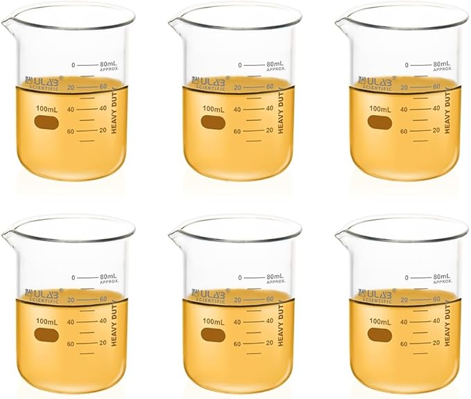 ULAB Scientific Glass Beaker Set, Vol.100ml, Shot Glass, 3.3 Borosilicate Griffin Low Form with Printed Graduation, Pack of 6, UBG1014