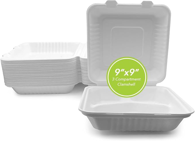 three leaf 9" X 9" 3 COMPARTMENT BAGASSE CLAMSHELL, 200 Ct. Heavy-Duty- Super Strong- Natural- Eco-Friendly Disposable Bagasse Clamshell, 100% Biodegradable 9 inch clamshell