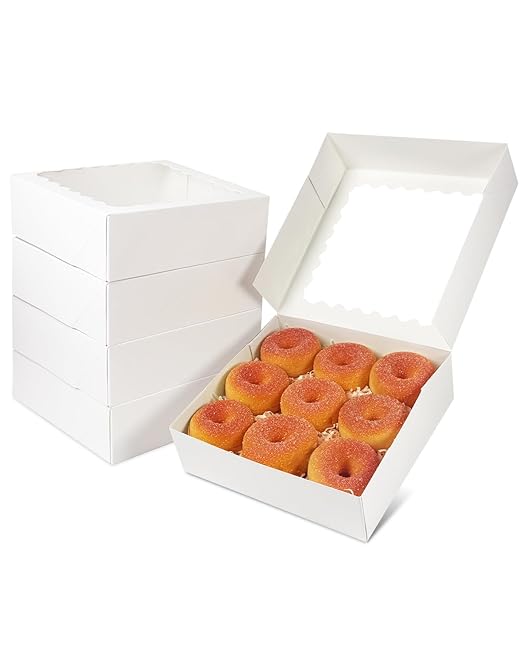 qiqee 8x8x2.5 Inch White Pastry Box With Window Donut Pie Boxes 12pcs Bakery Box (Auto-pop Up)