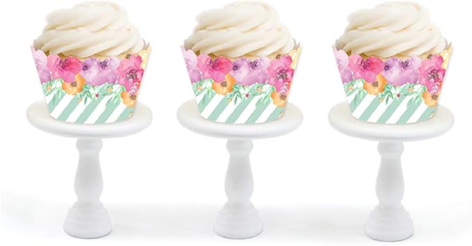 Andaz Press Party Cupcake Wrapper Decorations, Pink Floral Flowers on Mint Green Stripes, 24-Pack, For Girls 1st Birthday Baby Bridal Shower Tea Party Themed Decorations