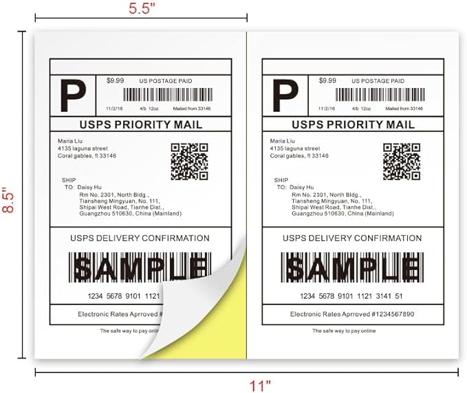 [100 Sheets; 200 Labels] Half Sheet Self Adhesive Shipping Label for Laser & Inkjet Printers, 2 Per Page Self Adhesive Mailing Labels – White 8.5'' x 5.5''