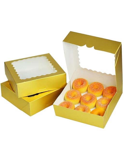 qiqee Gold Pastry Box With Window 8x8x2.5 inch Donut Pie Boxes 30pcs Bakery Box Auto-pop up