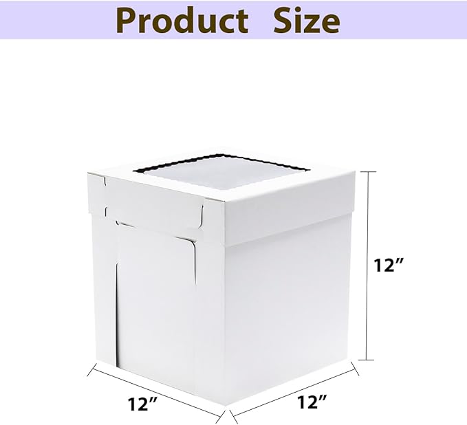 JJO Tall Cake Boxes for Tier Cakes, 3 Pack 12x12x12 Inch,White Cake Boxes with Window,Sturdy Tall Cake Carrier, Disposable Cake Containers