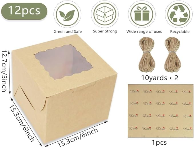 PQZKLDP 12 Pack Mini Cake Boxes, Brown 6 Inch Cake Box with Window, Dessert & Pastry Boxes