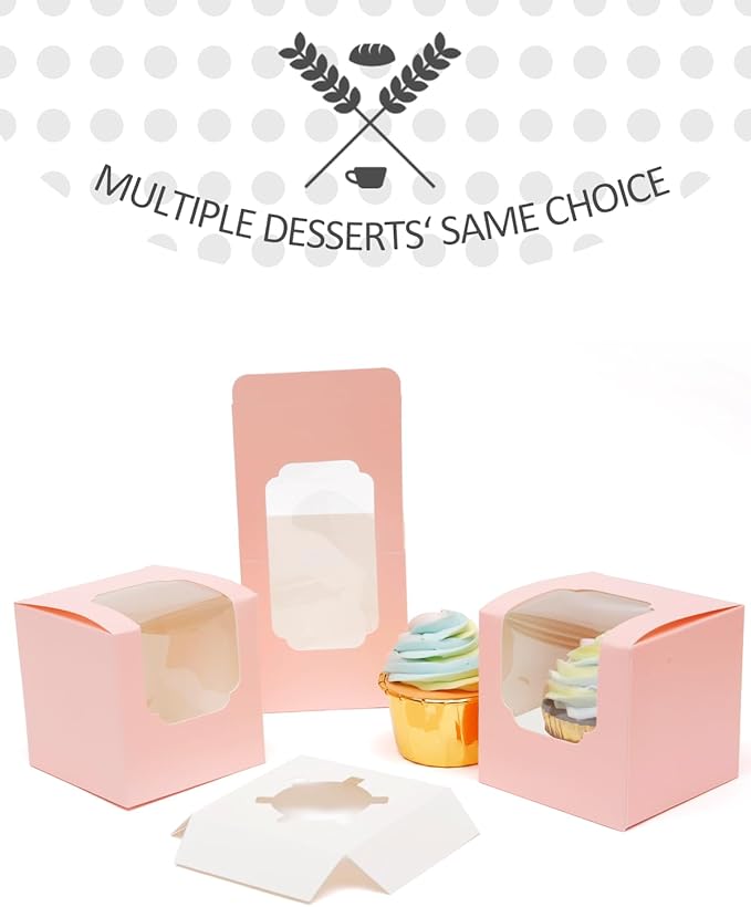 qiqee Pink Cupcake Boxes Individual 100 Packs 3.5x 3.5x 3.5 Auto-Popup Single Cupcake Carrier for Wedding Favor Birthday ＆ Party